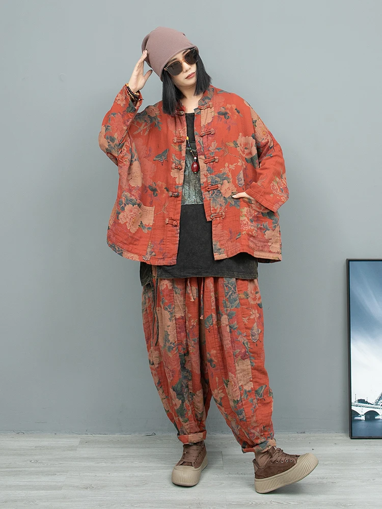 Chinese Style Printed Cotton Linen Buttoned Long Sleeved Cardigan Jacket + Pants Two-piece Set Women Pant Set 2024 Autumn LX2428