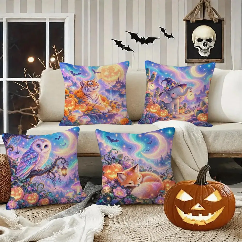 Fantasy Moon Halloween Gift Cushion Cover Halloween Rustic Throw Pillow Covers, Cute Ghost Pumpkin Maple Leaf Cushion Covers