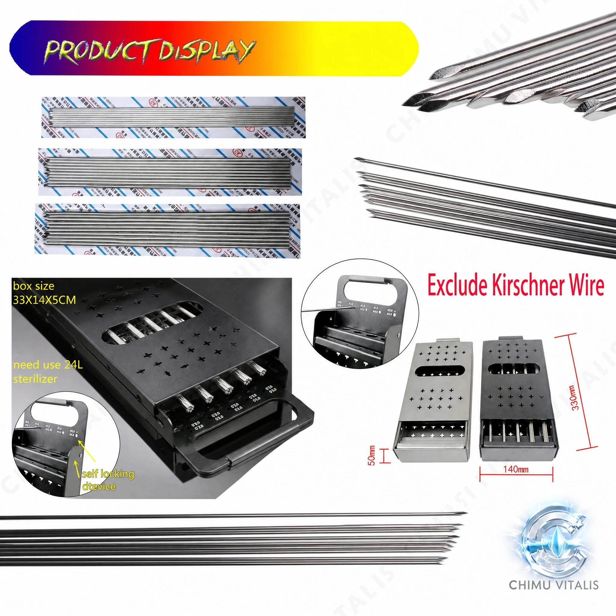 【CHIMU VITALIS 】10pcs Multi-Size K-Wire Pins 0.8–4.5mm x 250mm Metal Wire Pin Set with Storage Rack