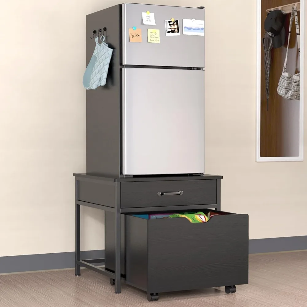 Mini Fridge Stand with Storage, Heavy Duty Mini Fridge Table with Rolling Cabinet 220LBS Capacity Tabletop for Dorm, Apartment,