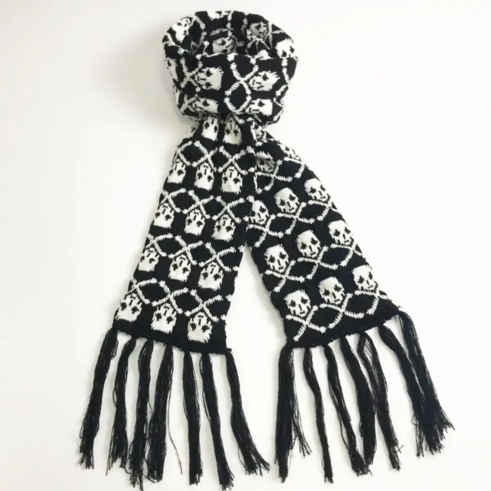 Dragon Skull Scarf Unisex Women Man Winter Knitted Pashmina Shawl Black Acrylic Echarpe Luxury Female Skeleton Wrap with Fringes