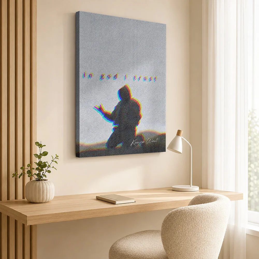 Kanye West In God I Trust Canvas Poster Customized Photo Glitch Wall Art For Bedroom Listening Corner, Record Collector Gift