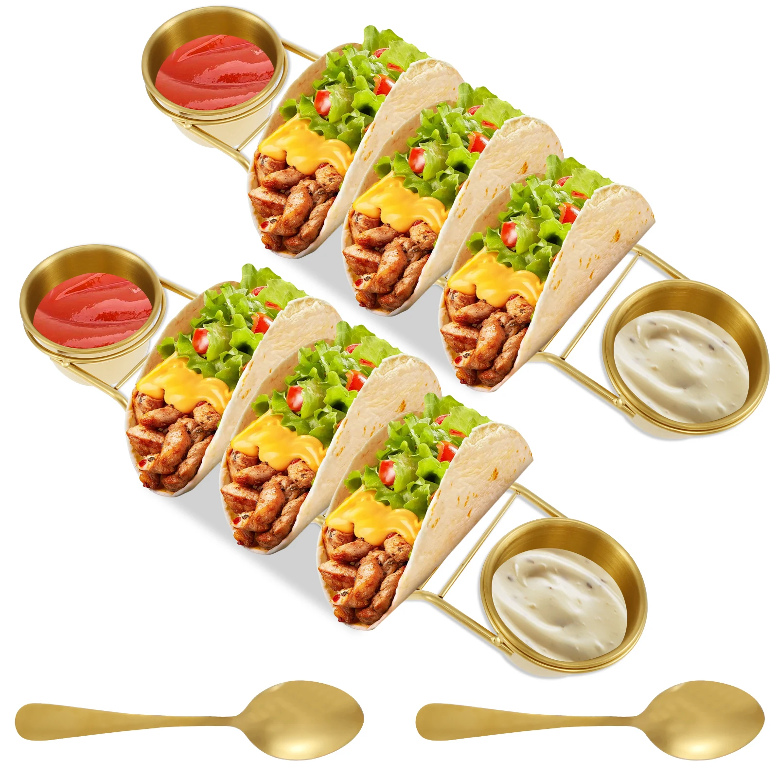 Soporte para tacos de acero inoxidable, 8 Uds., con cuchara, taza para ensalada, estante para tacos a prueba de herrumbre, soporte de refrigeración para Tortilla Burritos para el hogar y el restaurante