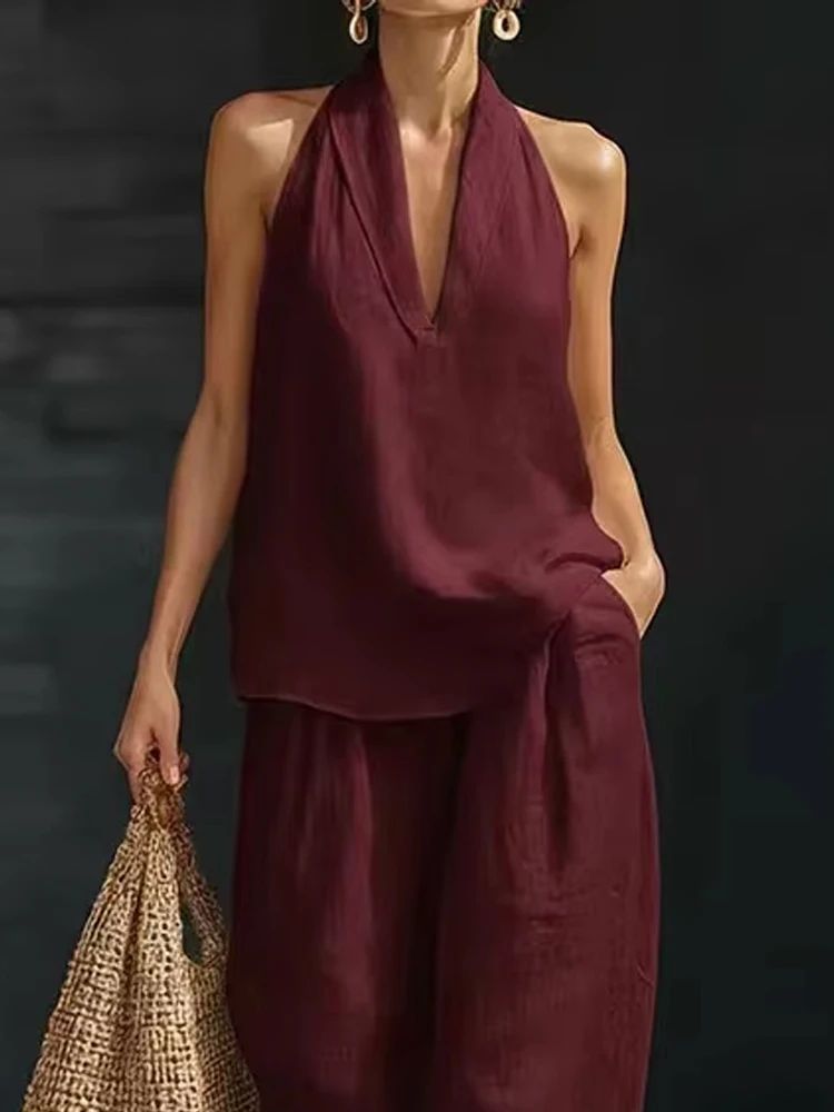 

Women's Casual Sleeveless Solid Color 2Pc Suit Fashion Cotton Linen Loose Outfits Elegant Deep V-neck Top & Long Pant Summer Set