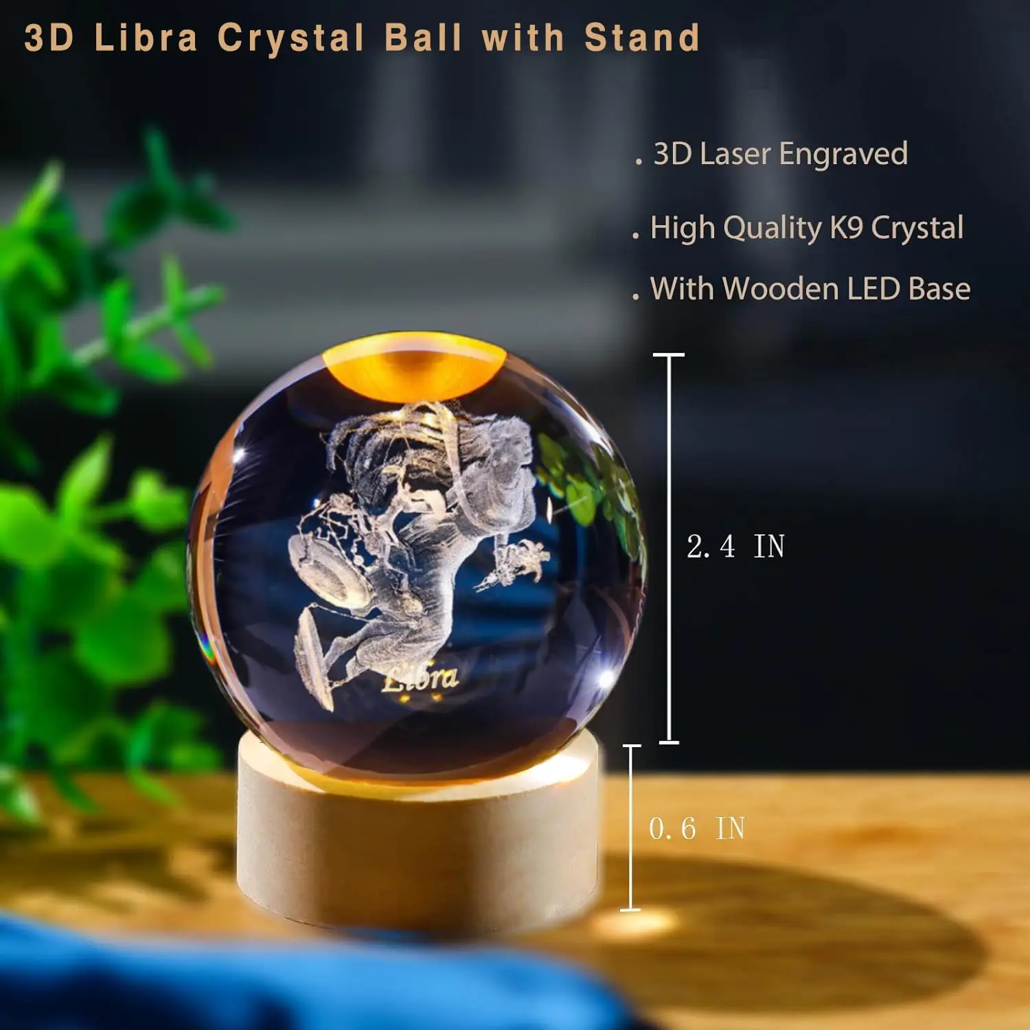 

3D Libra Crystal Ball with Wooden Light Base Constellation Glass Sphere Decorative Balls Paperweight Birthday Gifts Home Decor