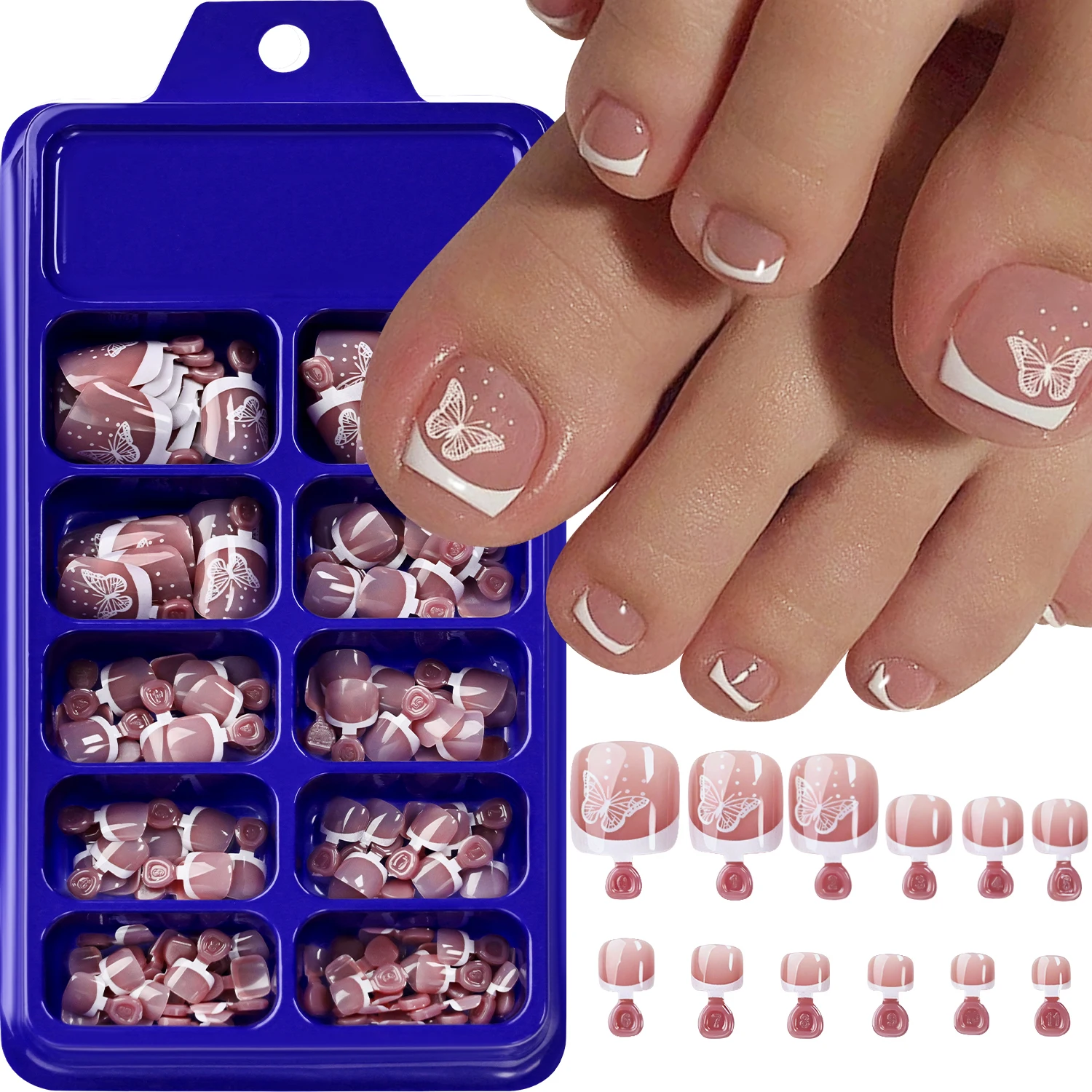 120 Stück Nude-Rosa Französische Künstliche Zehennägel Kurze Weiße Schmetterlings-French-Tips Quadratische Aufklebbare Zehennägel Sommer Strand Tägliche Fußmaniküre – Detail 3