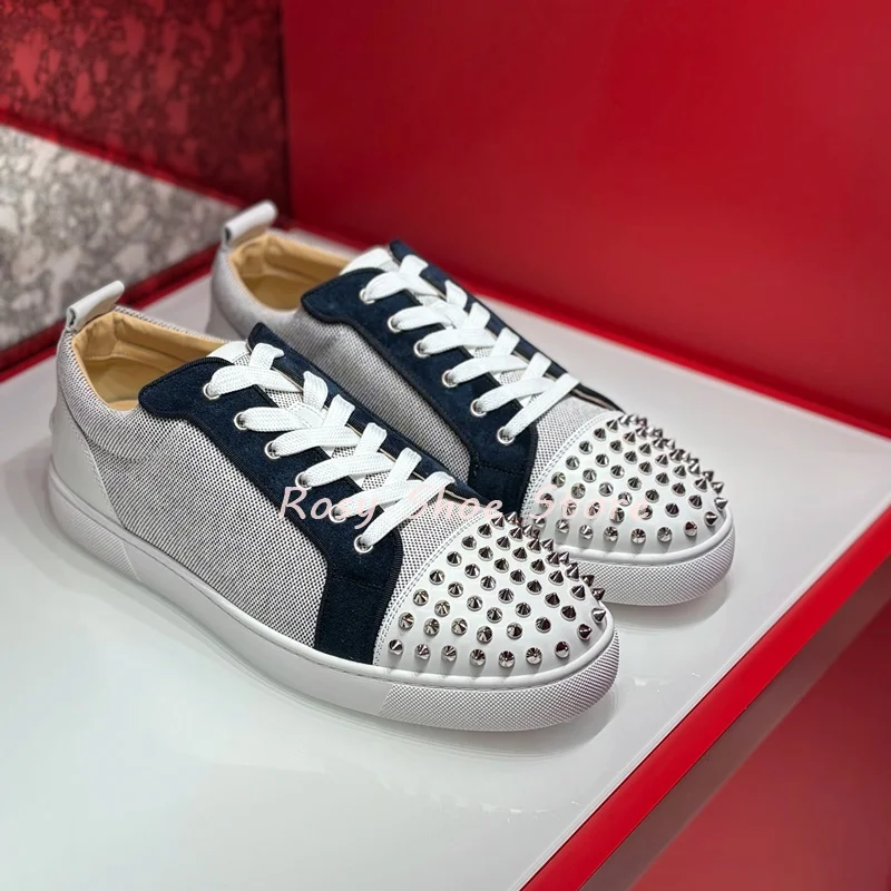 

Men's Woven Patchwork Toe Sliver Rivet Decor Canvas Shoes Colorblock Fashion Round Toe Lace Up Flat Daily Casual Sneakers