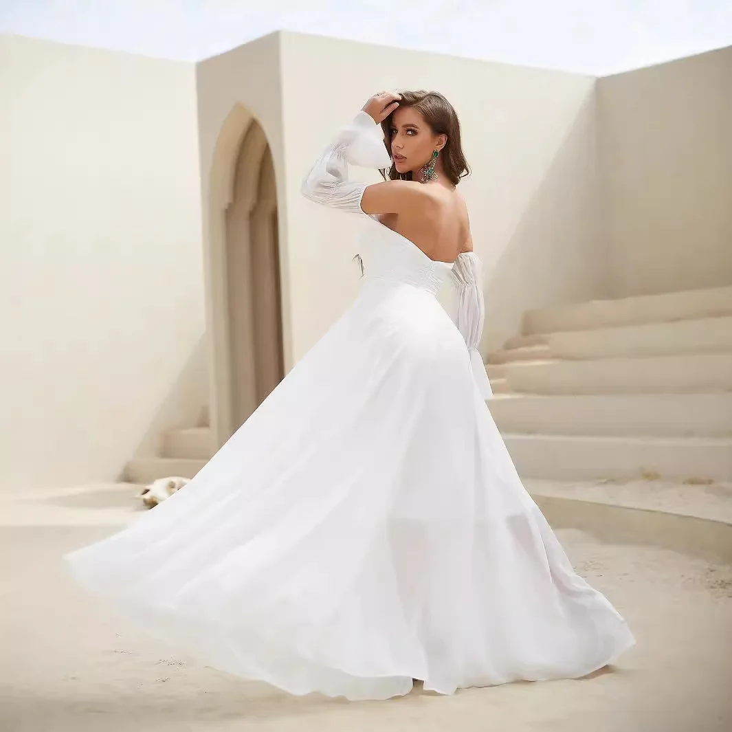 Elegant A-Line Wedding Gown Strapless Chiffon Ruffles Long Sleeves Sweep Train for Beach Wedding Guest Gown 2025 Free Customized