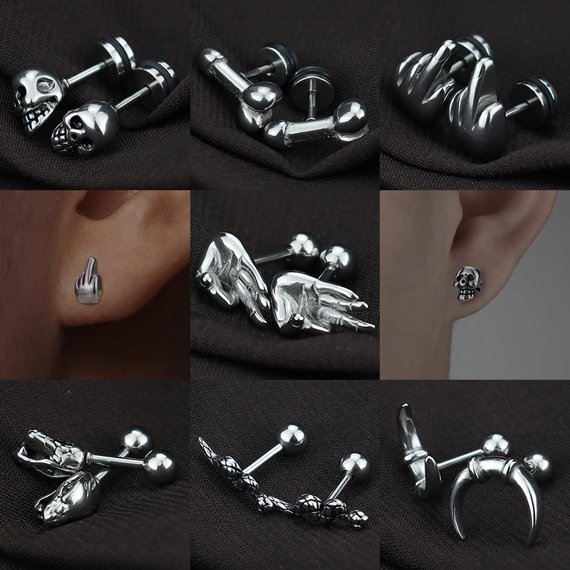 Punk Stainless Steel Skull Skeleton Earrings Moon Studs Serpentine Jewelry Men And Women Jewelry Set