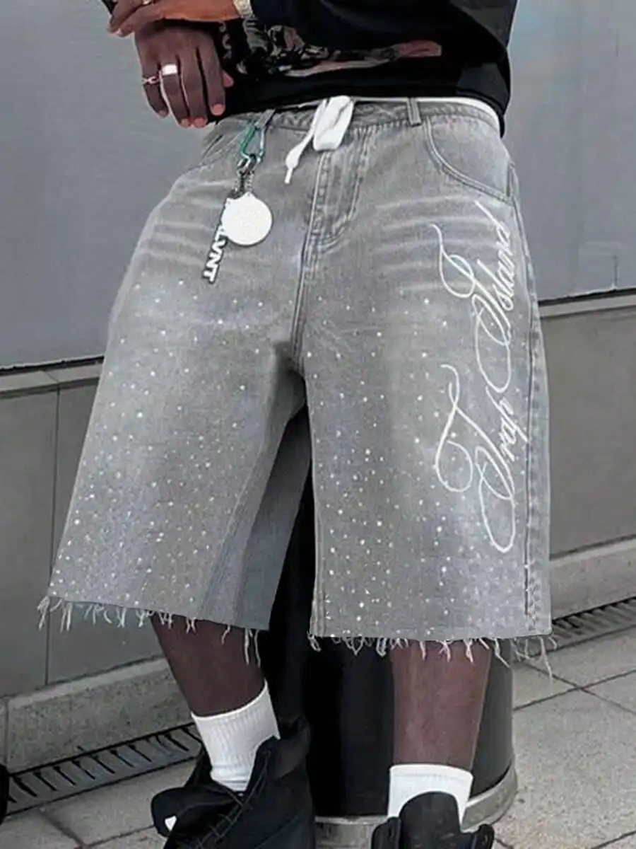Men's Summer Casual Denim Shorts Knee Length Letter Embroidered Rhinestone Jeans Shorts