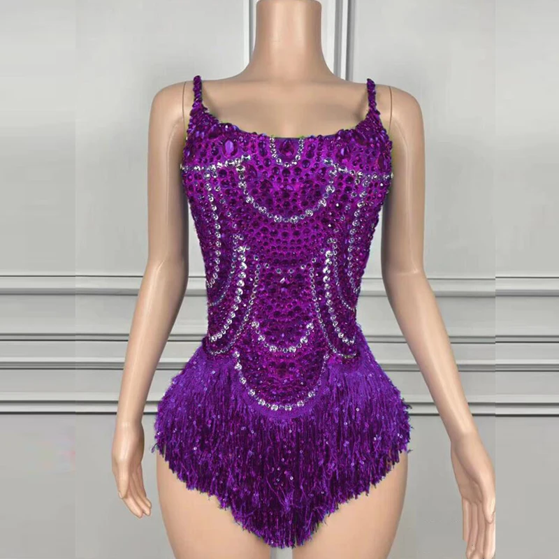 Sparkly Blue Rhinestones Tassels Bodysuit Bar Nightclub Dj Ds Stage Outfit Dress Women Drag Queen Costume Gogo Dance Wear XS8714