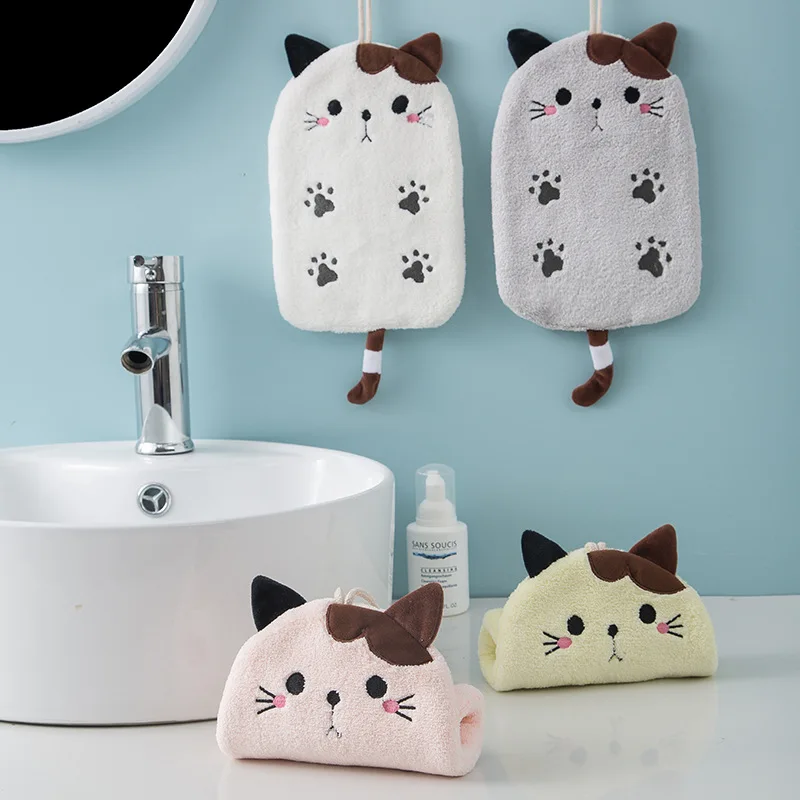 Creative Cartoon Kitten Thickened Hand Towel Kitchen/Bathroom Towel Hanging Coral Velvet Absorbent Soft Skin Friendly Hand Towel