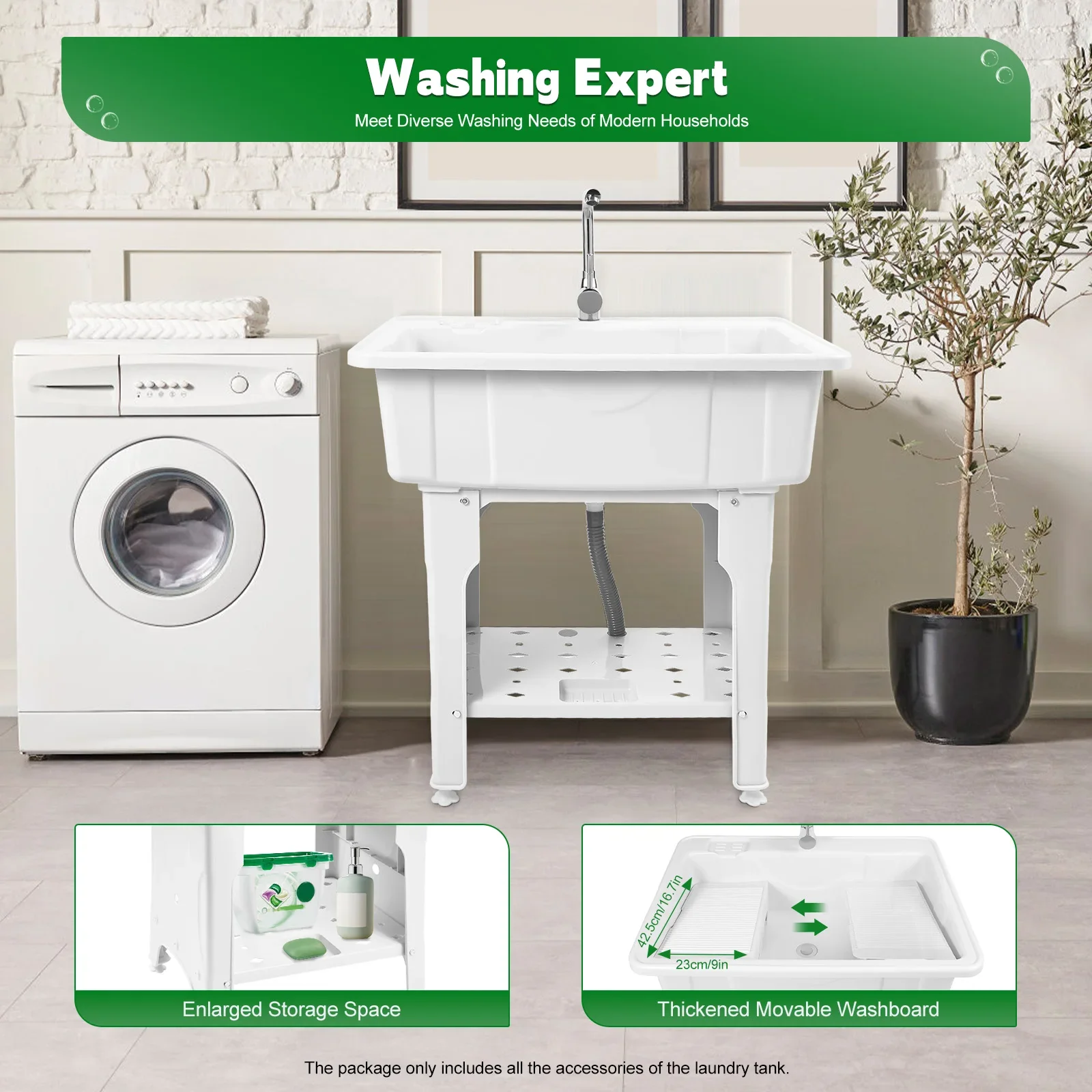 

Large Plastic Washing Tub with Rotatable Faucet, Modern Rectangular Laundry Sink, Freestanding & Durable, Supports 70kg/154lbs