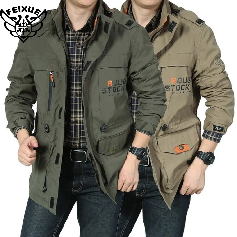 

Spring Autumn New Men Windproof Casual Jacket Coat Detachable Hat Jacket Men Multi-Pocket Waterproof Military Jacket Male M-5XL