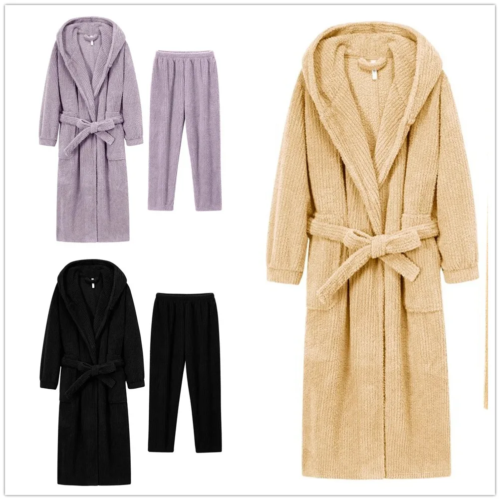 Autumn Winter Solid Color Women's Sleepwear Thick Velvet Warm Robe Pants Couple Coral Velvet Home Clothes Bathrobe
