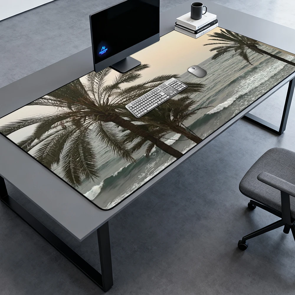 Tropical Desk Pad Deskmat Tree Ocean Beach Full Gaming Laptop 180x60 Mousepad Large Palm Playmat Coastal Vibe Mousemat Computer