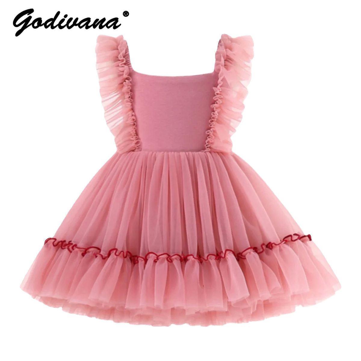 Baby Girls Sweet Lolita Princess Tutu Suspender Dress Childrens Cute Feifei Sleeve Lace Ruffle Trim High Waist Mesh Cake Dress
