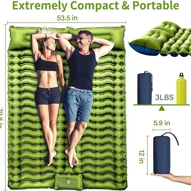 Thick Inflatable Double Sleeping Pad for 2 Person with Pillow Built in Foot Pump Portable Outdoor Camp Party Travel Wedding Gift