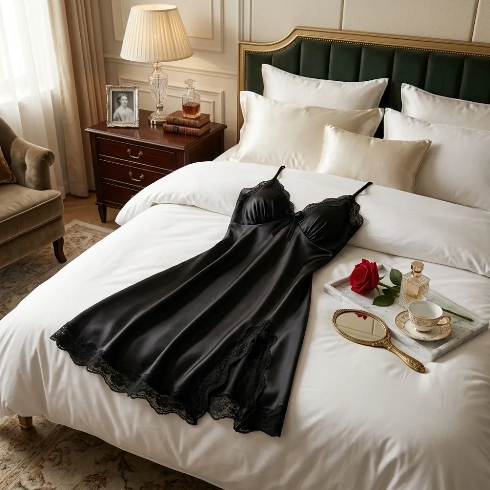 Temperament Female Sleepwear V-neck Nightgown Lingerie Dresses Soft Suspenders Nightdress Ice Silk Slit Satin Sleepwear Sleep