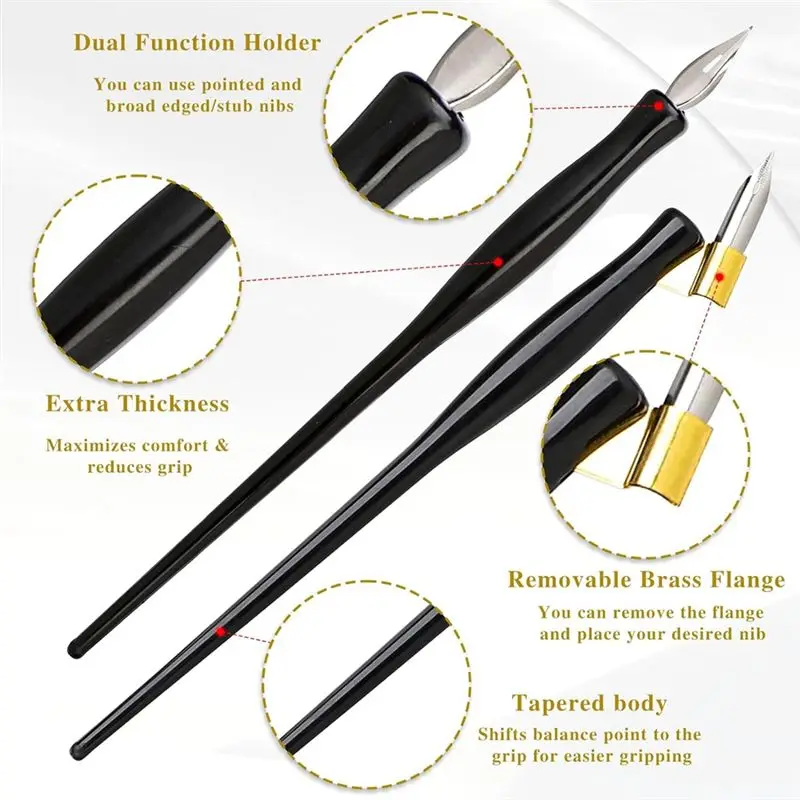 A11E-10PCS Oblique Calligraphy Dip Pen Set Comic Pen Nib Set Fluid Writer Pen, 2-In-1 Drawing Pen Holder With 8 Pieces Nibs