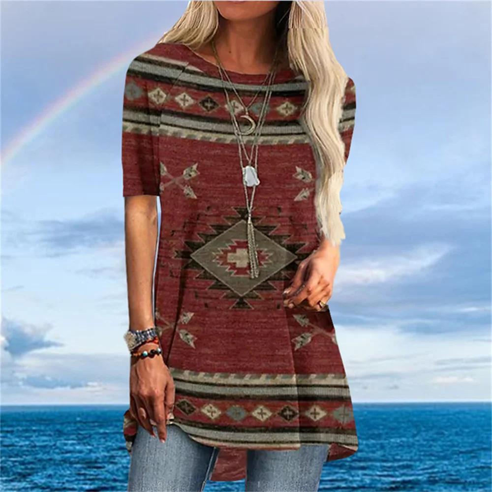 Zachodni aztecki styl etniczny 3D T-shirt z nadrukiem kobiet Streetwear t-shirty z krótkim rękawem Y2K topy kobiety tunika na krótki rękaw szeroka odzież — zdjęcie 7