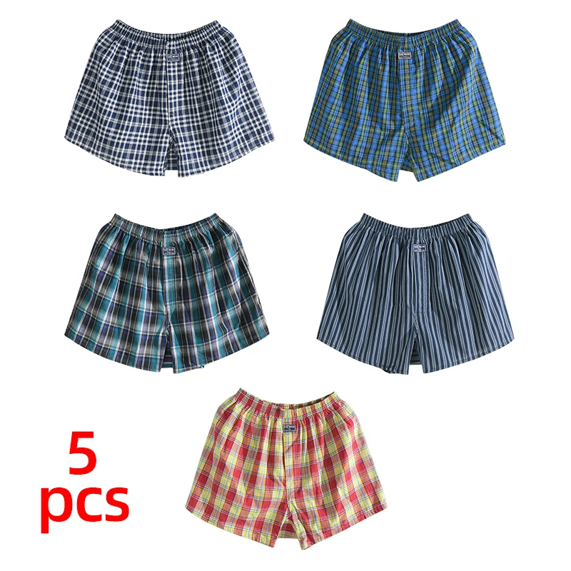 5 Pcs/Lot Men\'s 100 Cotton Casual Sleep Plaid Underpants Underwear Shorts Comfortable Homewear Striped Beach Boxers Panties