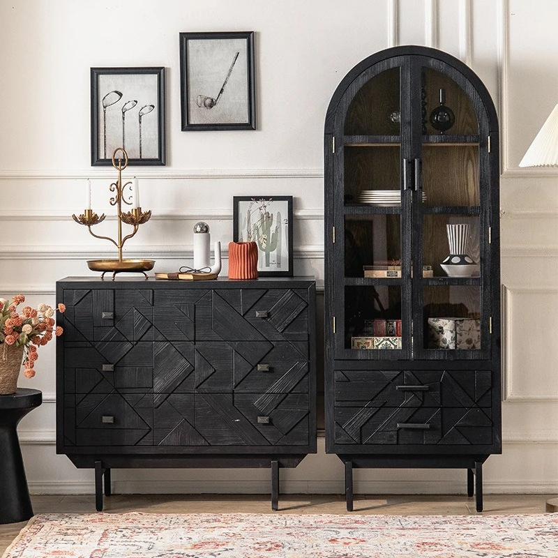Black Italian side cabinet Tempered glass Large accommodating wine cabinet Creative B & B Hotel storage cabinet