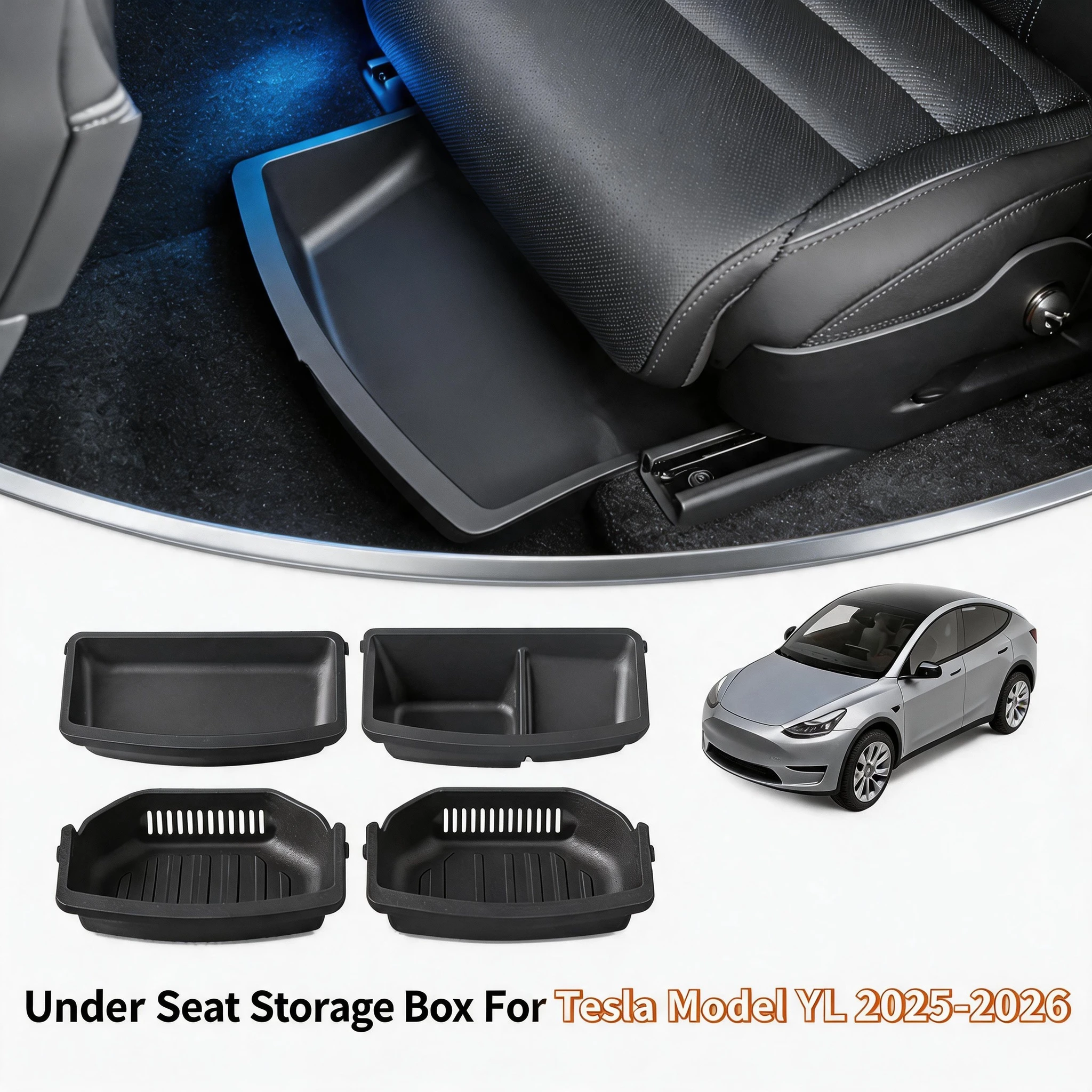 

Front Rear Seat Lower Organizer Tray For Tesla 2026 Model YL 6-Seat TPE Under Seat Storage Box Drawer Car Interior Accessories