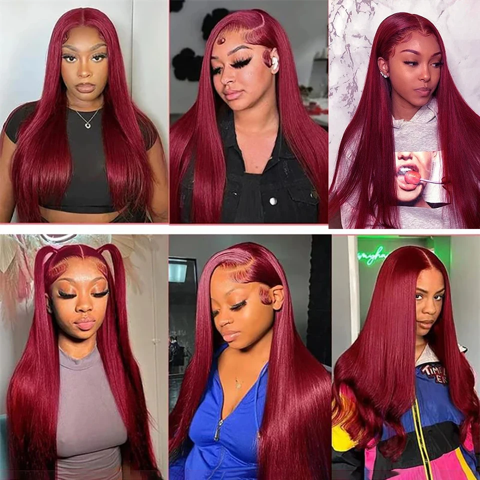 Perruque Lace Front Wig naturelle lisse, cheveux humains, rouge bordeaux 99j, 13tage HD, 30 pouces, densité 180%