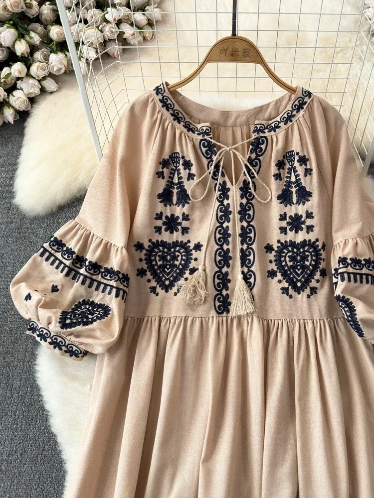 Women\'s Spring Summer Dress Bohemian Retro Ethnic Style Diamond Cotton Linen Blend Embroidered Lantern Sleeves Mini Dress A20