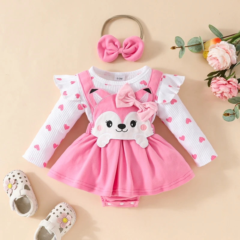 Newborn Toddler Baby Girls Fall Outfits Heart Print Bear Fox Embroidered Romper Dress Long Sleeve Ruffle Jumpsuit