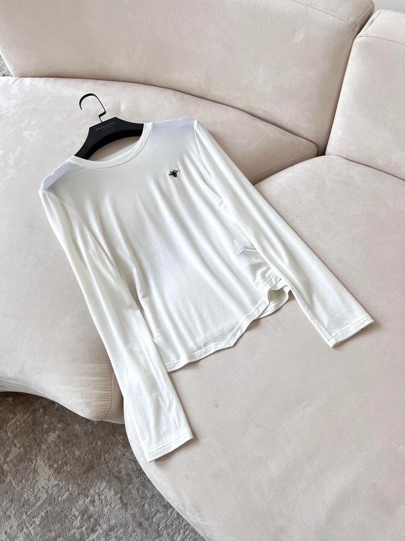 

Women's Fall 2025 Elastic Silk Wool Long Sve Top Bee Embroidery Waist-Cinching White Versatile Faion Commute Basic