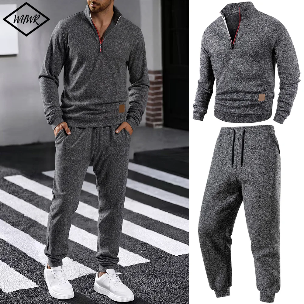 

Мужской спортивный костюм осенний повседневный однотонный с длинными рукавами + брюки, комплект из 2 предметов: толстовка на молнии до середины груди с воротником-стойкой и спортивные брюки