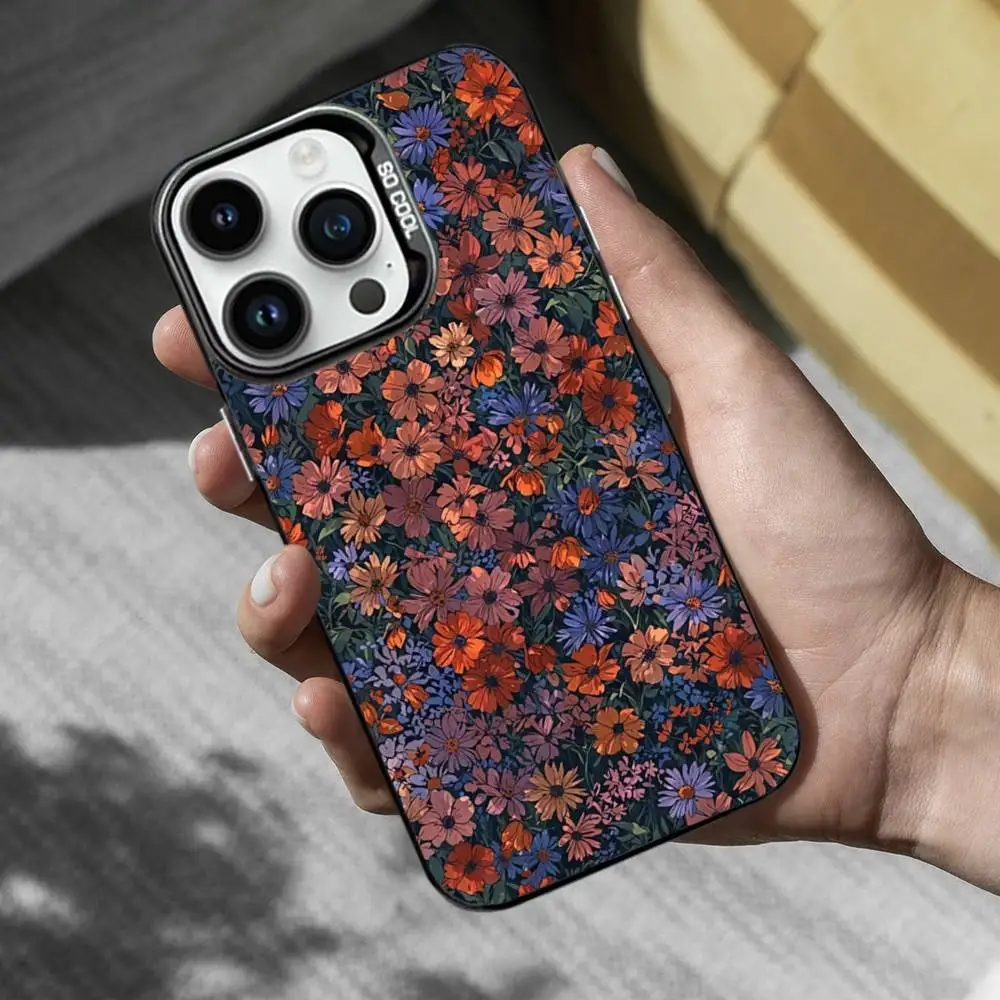 حافظة هاتف فنية مطلية بالزهور لهاتف آيفون 17,16,15,14,13,12,11,Mini,Pro,MAX,XS غطاء أسود غير لامع مقاوم للصدمات #6