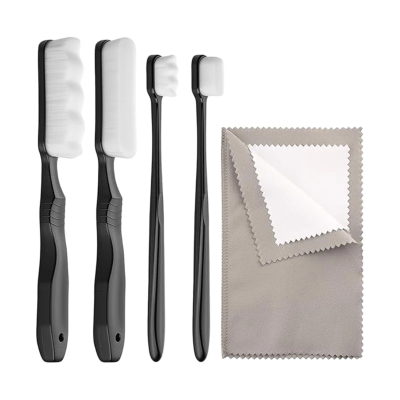 57QA Silver Item Maintenance and Jewelry Care Brush Set, 4 Soft Bristle Brushes with Cloth for Broad Area Cleaning, Detail Work