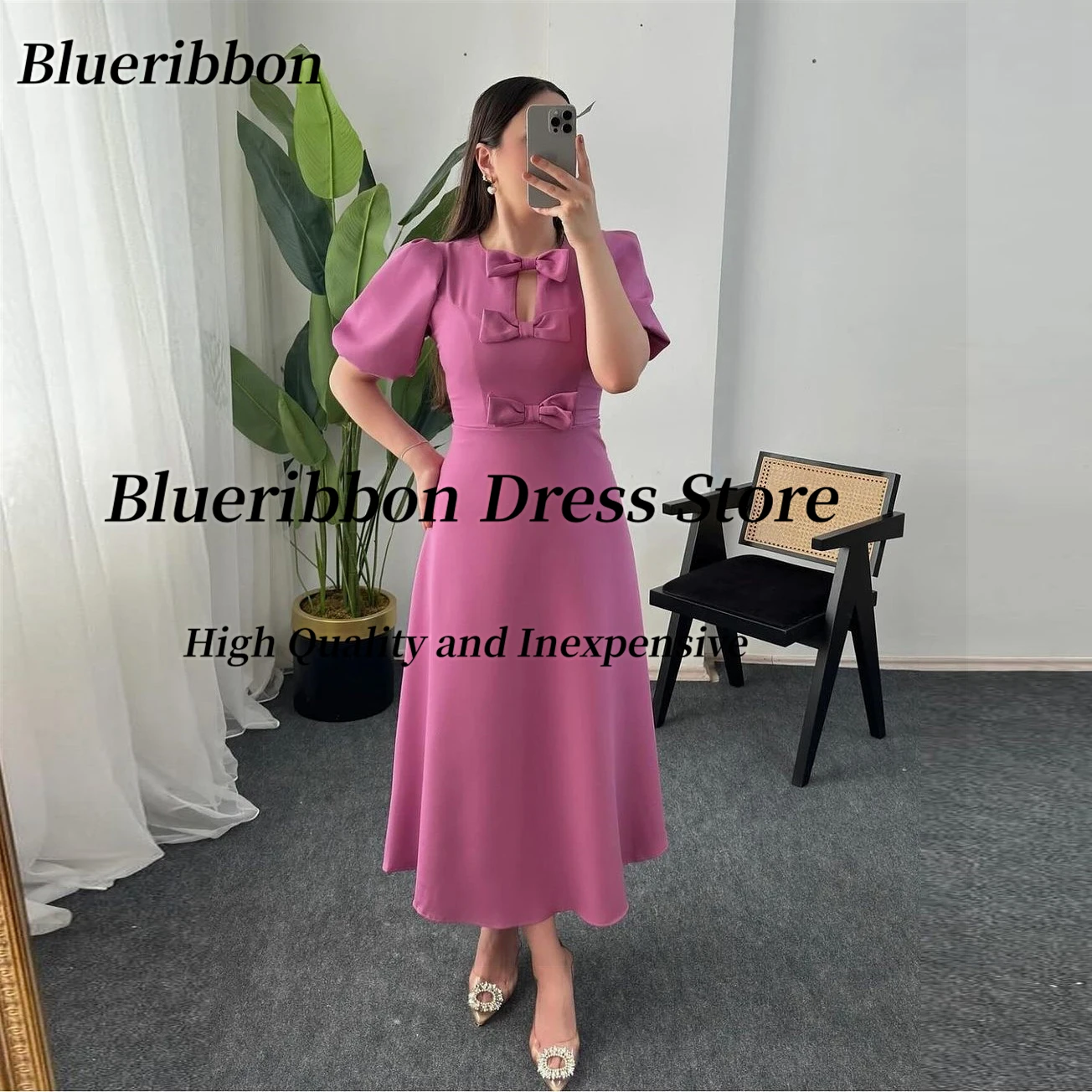 

Blueribbon Customized Keyhole Neck Prom Dresses Bows Short Sleeves Homecoming Party Dress Satin Birthday Formal Evening Gowns