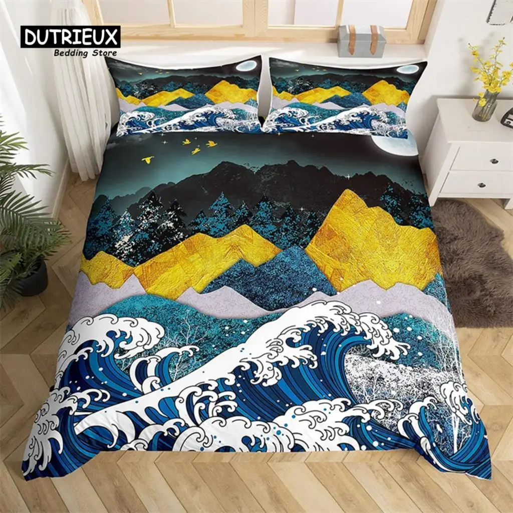 Mountain Duvet Cover Microfiber Abstract Natural Landscape Quilt Cover Japanese Wave Tree Moon Bedding Set King For Kids Adults