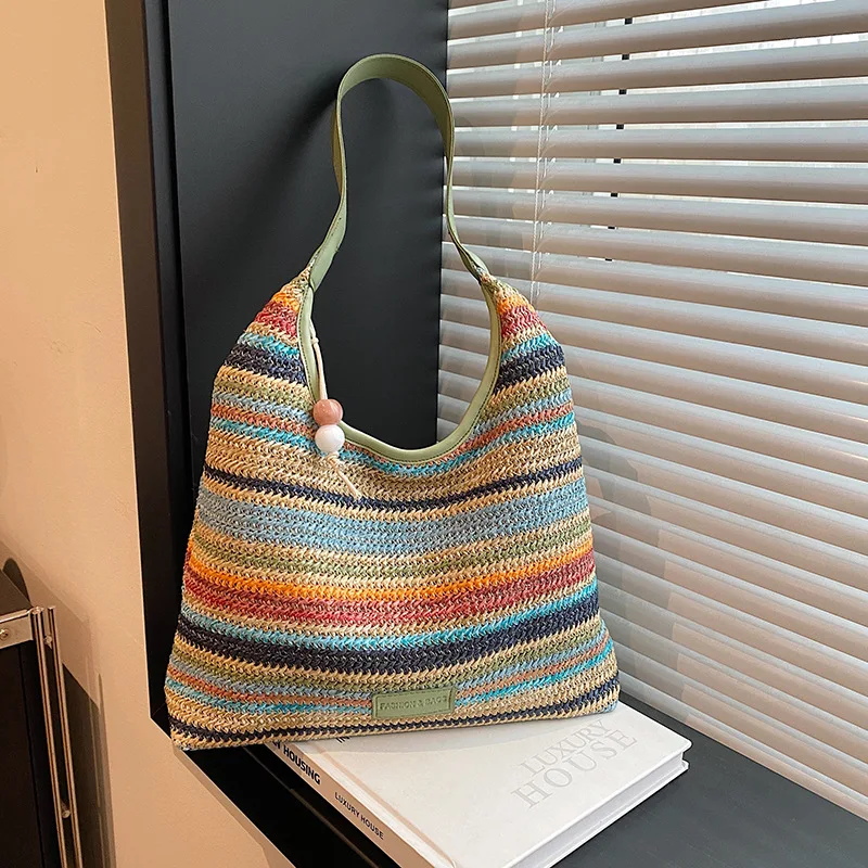 

Новая тканая сумка подмышки для женщин, сумка-тоут с цветными блоками, модный полосатый кошелек, повседневная и офисная сумка через плечо