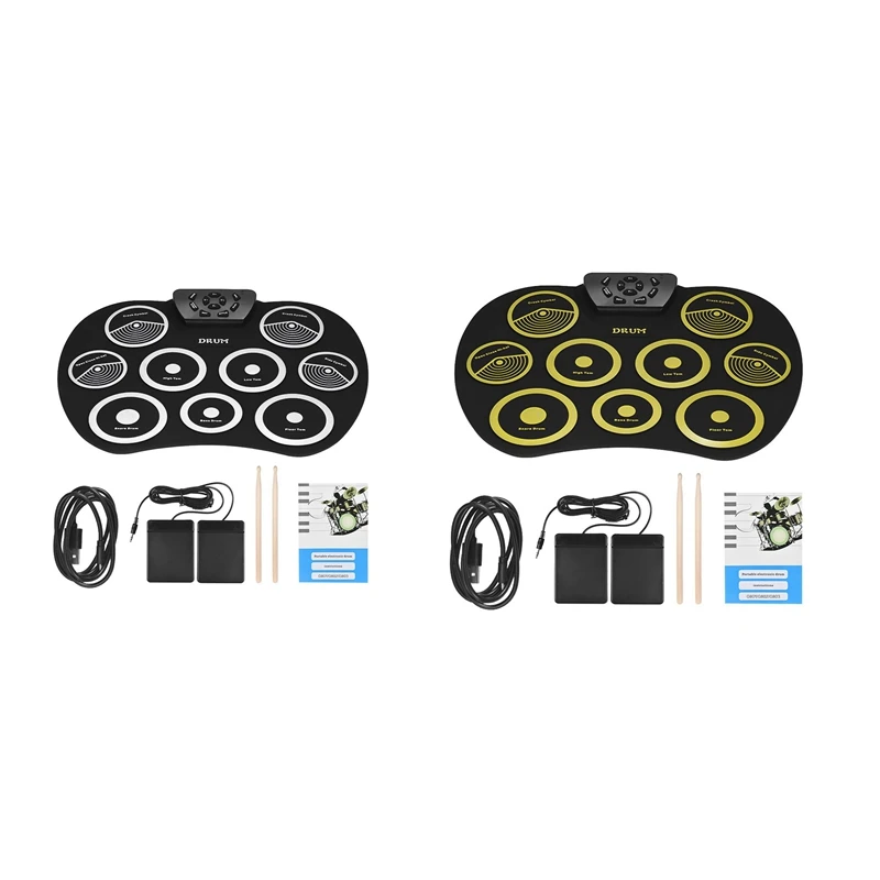 Portable Electronics Drum Set Roll Up Kit 9 Silicone Pads USB Powered With Foot Pedals Drumsticks Cable