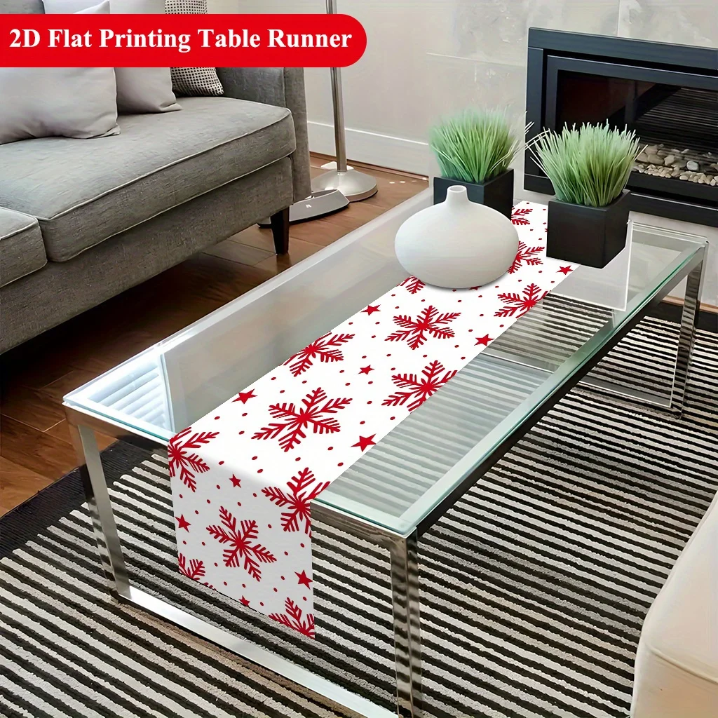 2D‑Printed Snowflake Red Star Table Runner, Decor for Dining Table, Coffee‑Table, Gatherings, Indoor‑Outdoor Parties