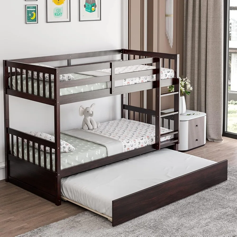 Twin Bunk Bed with Trundle, Convertible Platform Bed Frame with Ladder & Solid Wood Frame, Space-Saving Bunk Bed for kids