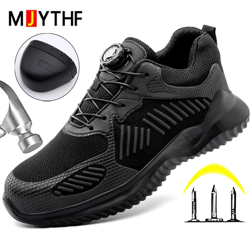 Rotating Button Work Sneakers Men Safety Shoes Breathable Lightweight Protection Shoes Puncture-Proof Work Shoes Steel Toe Boots