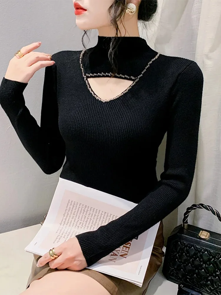 

Winslter Streetwear Sweater Long Sleeve Pullover Women Mock Neck Hollow Out Diamonds Knit Slim Tops Autumn Winter T30673JM