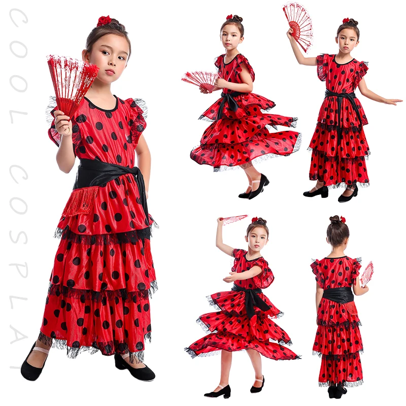 スペインの女の子のドレス カーニカルパーティー コスプレドレス 水玉模様のレース レイヤードフリルドレス フラメンコ衣装 女の子の仮装ドレス