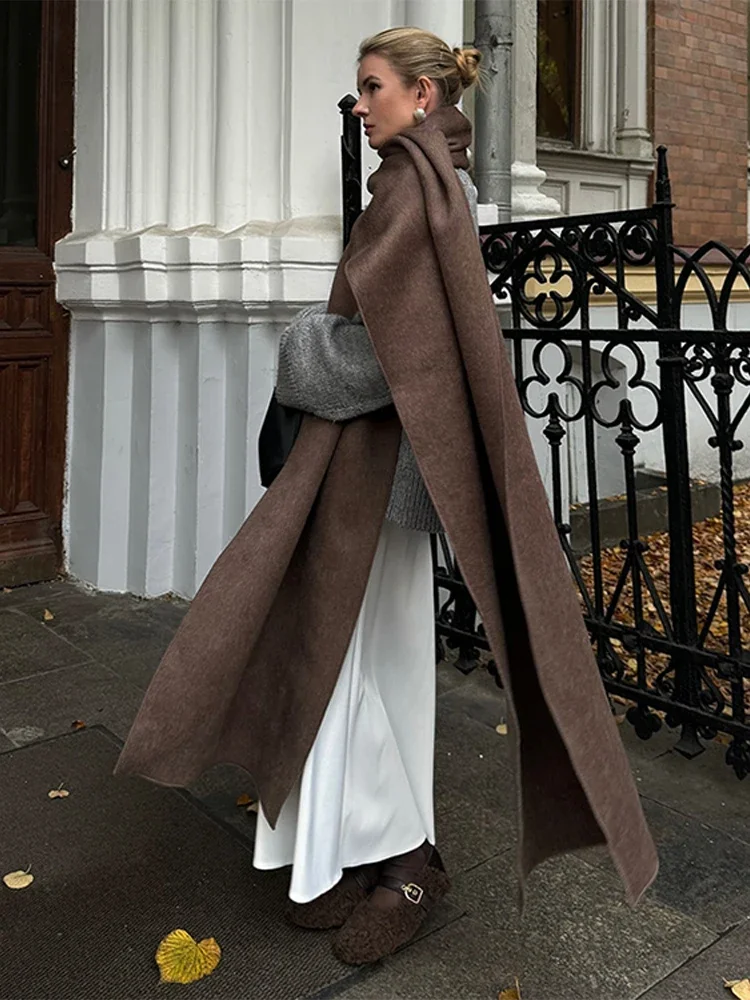 Brown Women Long Windbreaker Elegant Scarf Collar Double Breasted Long Sleeve Female Winter Coat 2025 Autumn Loose Lady Outwears