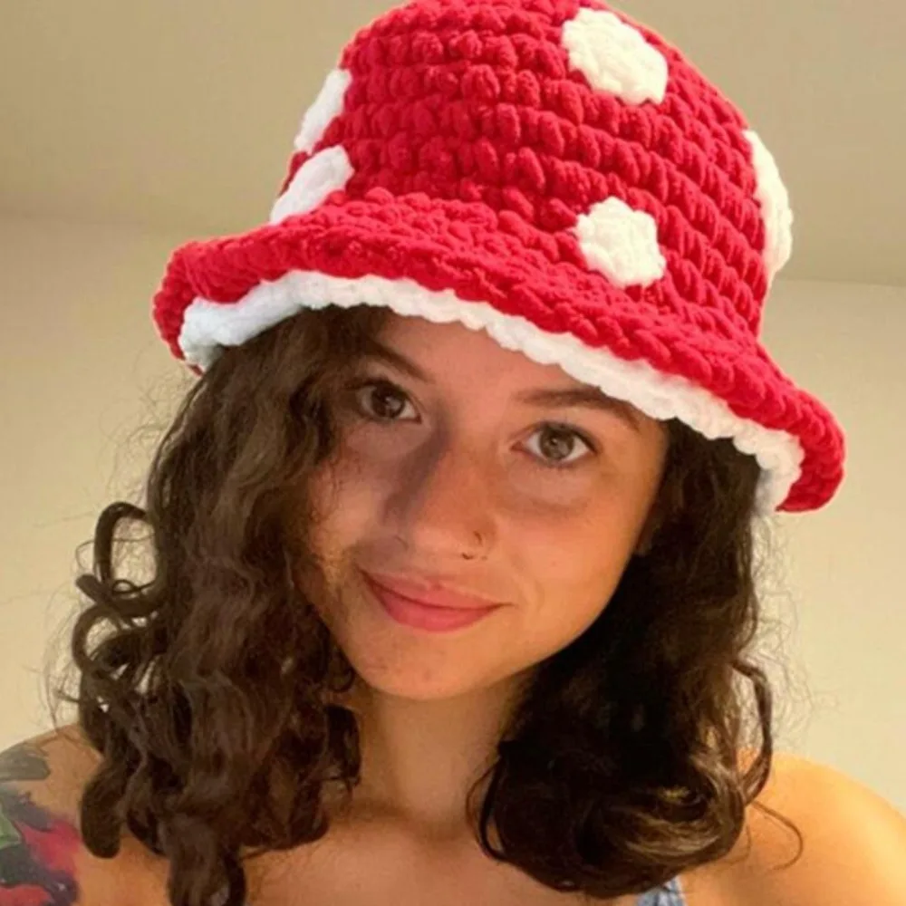 Fashion Handmade Mushroom Knitted Hat Versatile Thick Crochet Yarn Hat Cute Fisherman Hat Women Man Unisex