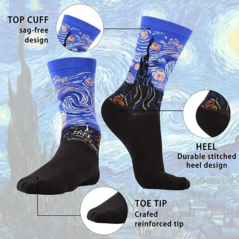 1 Pairs Men Retro Abstract Oil Painting Art Socks Shout Modern Van Gogh Starry Night Happy Oil Painting Comfort Skateboard Sock