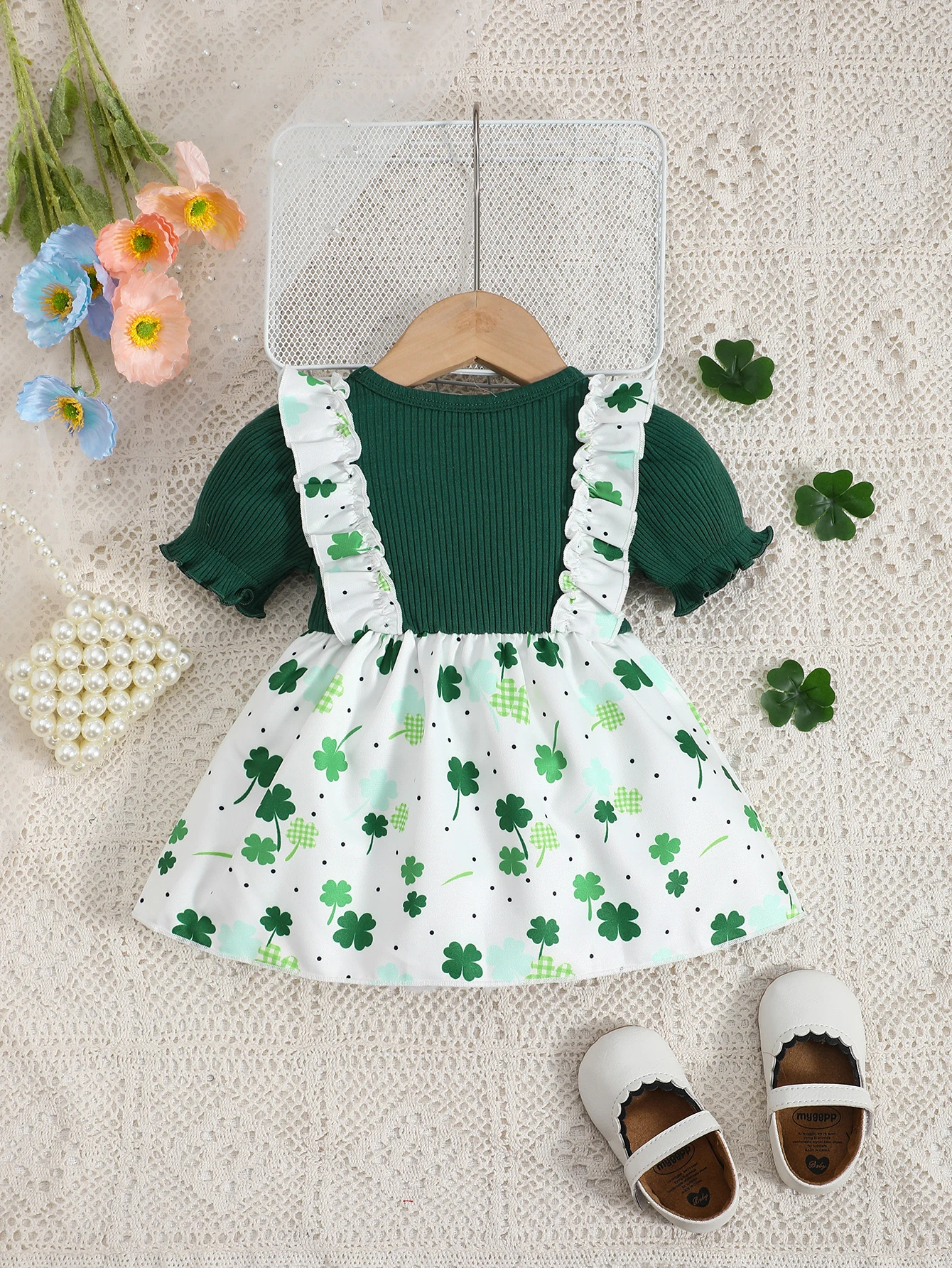Baby Girl Summer Dress Lucky Four-Leaf Clover Printed Short Sleeve Dress 0-24 Months Cute Baby Girl Casual Dress