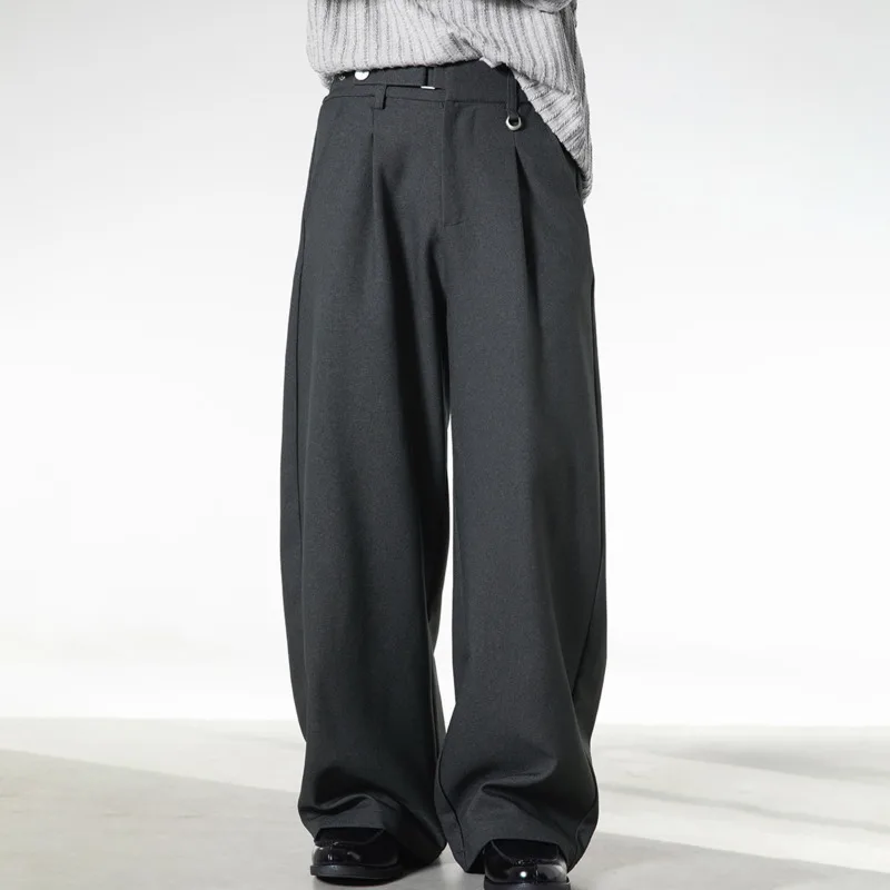 Stile popolare giovanile primavera/autunno da uomo con vita regolabile, pantaloni larghi e casual a gamba dritta pieghettati tridimensionali