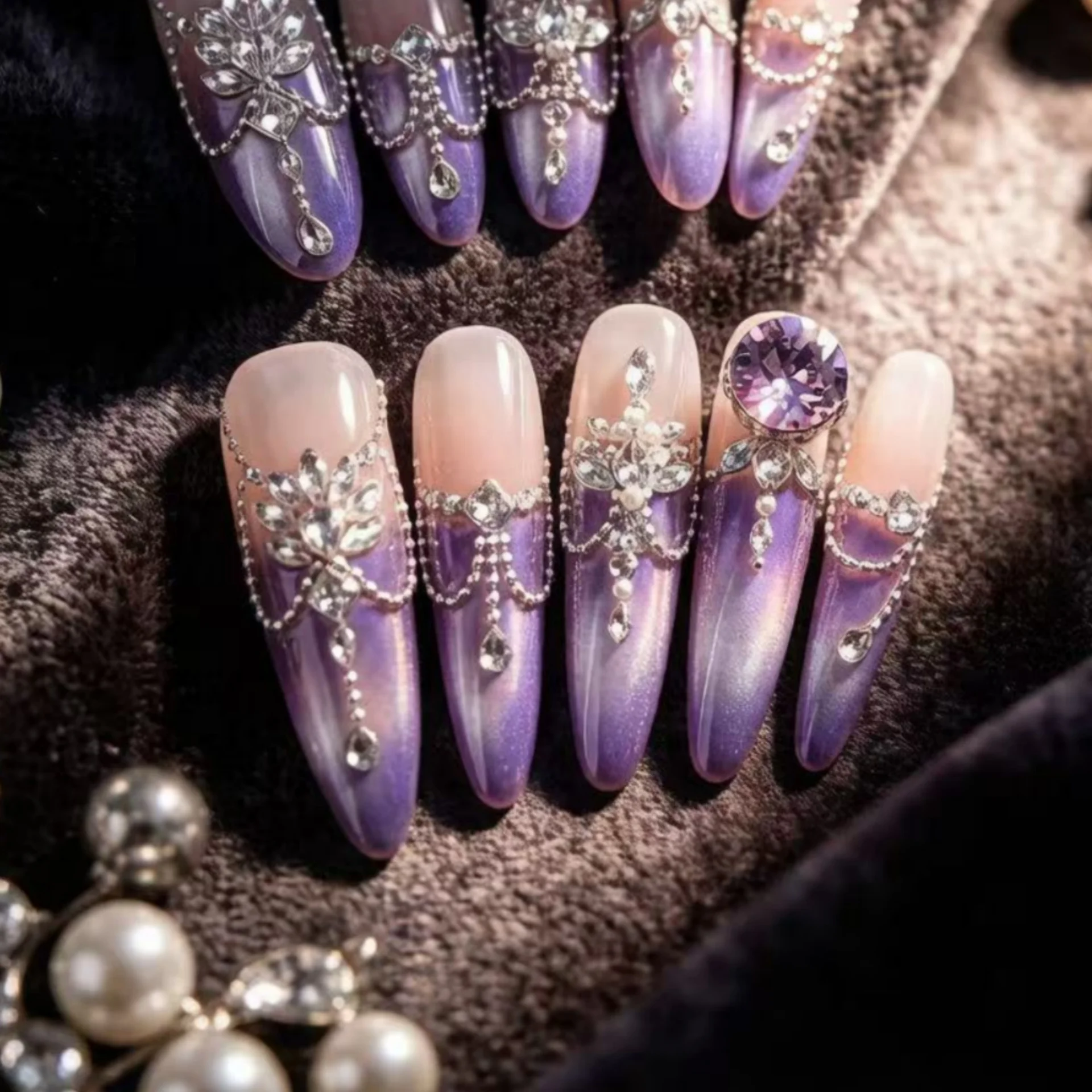 

10 шт. фиолетовых накладных ногтей с блестками и стразами, полное покрытие, многоразовые, легкие, роскошные, очень длинные, овальные, накладные ногти для маникюра